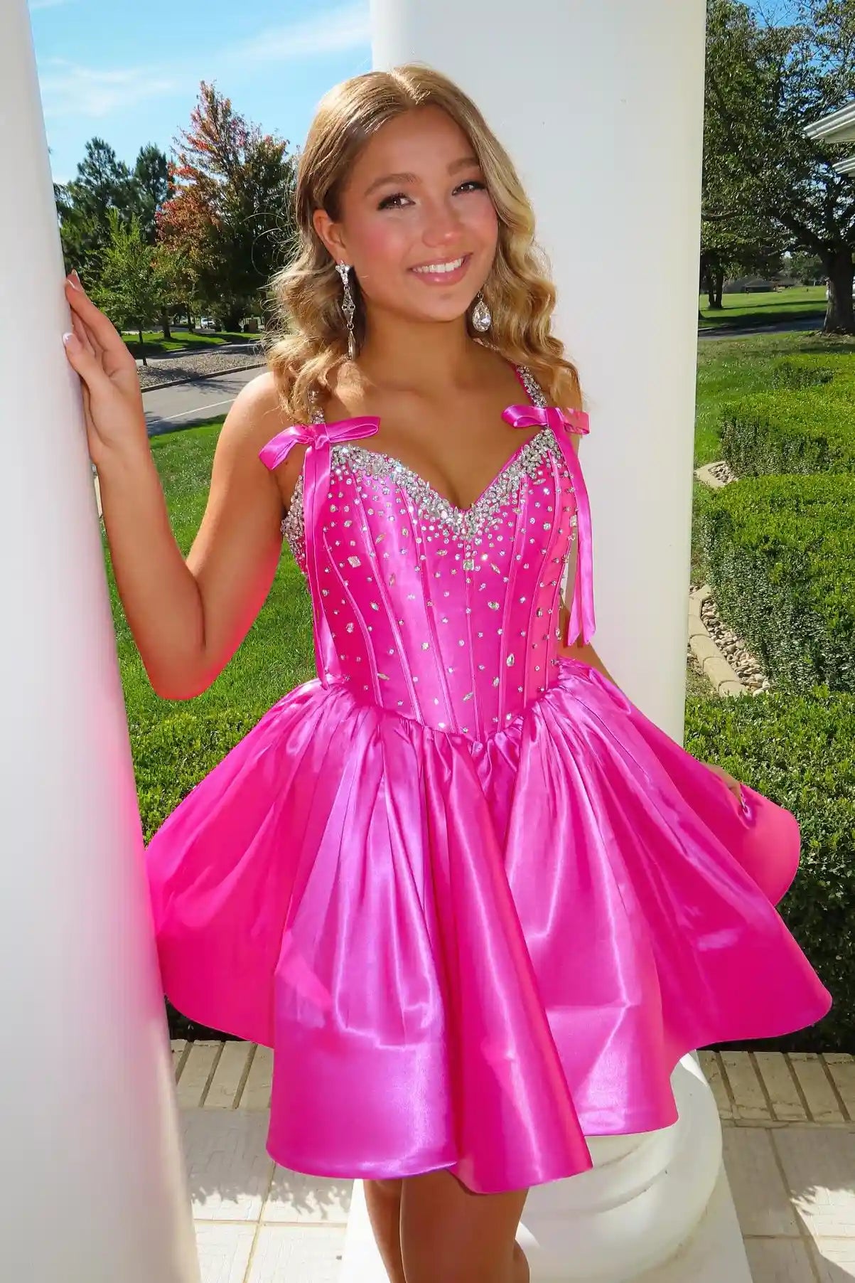 Fuchsia Rhinestone Bow Spaghetti Strap Homecoming Dress