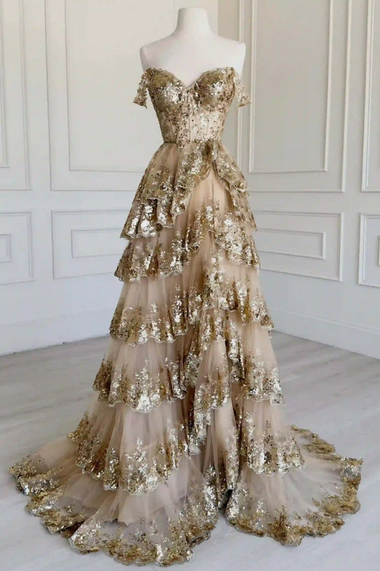 Gold off shoulder A-line tiered sequins prom dress