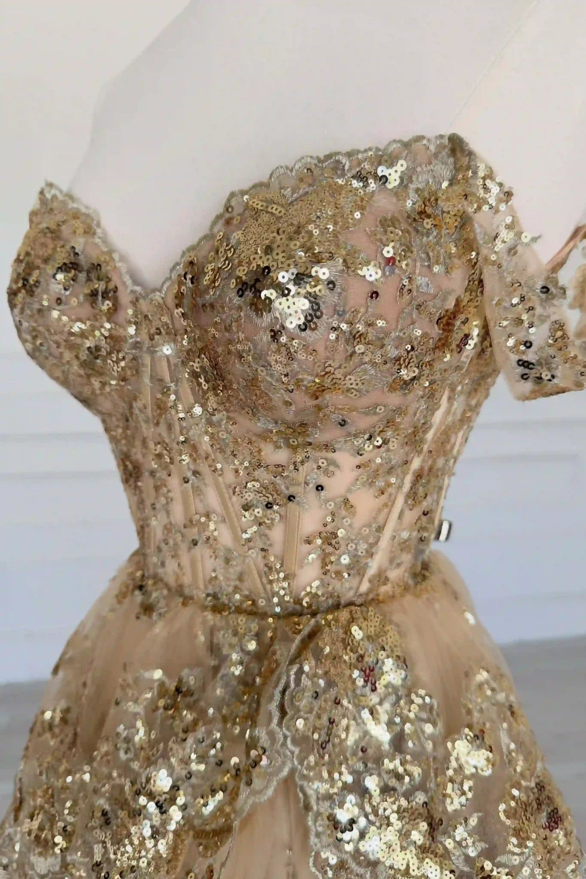 Gold Off Shoulder A-Line Tiered Sequins Prom Dress
