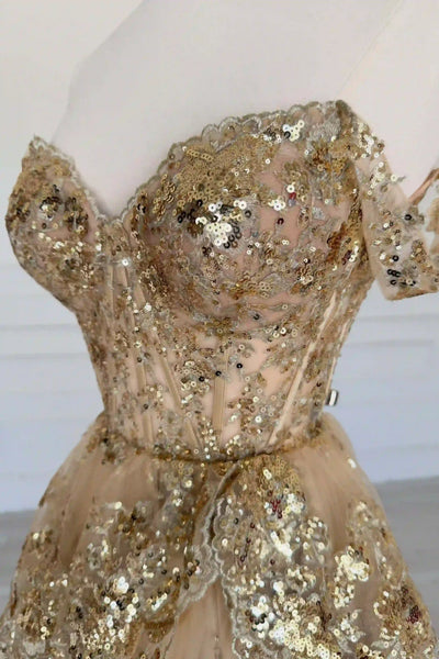 Gold off shoulder A-line tiered sequins prom dress