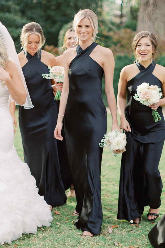 Halter neck black bridesmaid dress with back bow