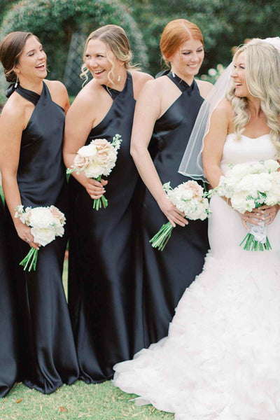Halter neck black bridesmaid dress with back bow