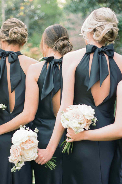 Halter neck black bridesmaid dress with back bow