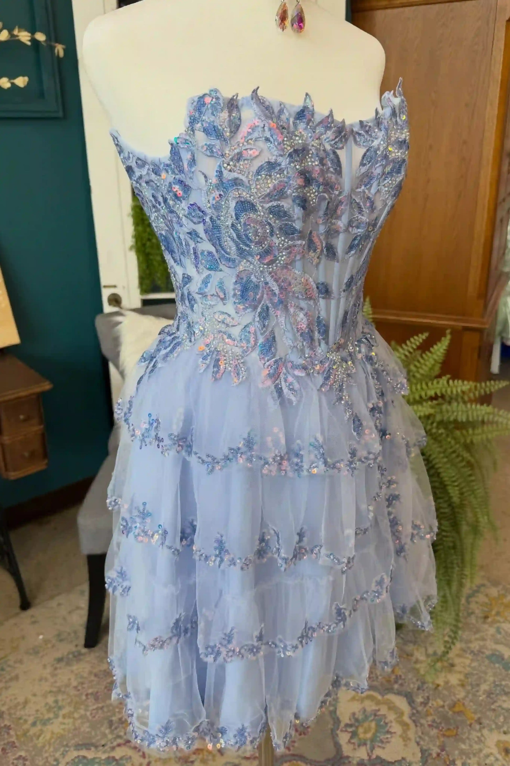 Ice Blue Strapless Lace Applique Corset Tiered Homecoming Dress