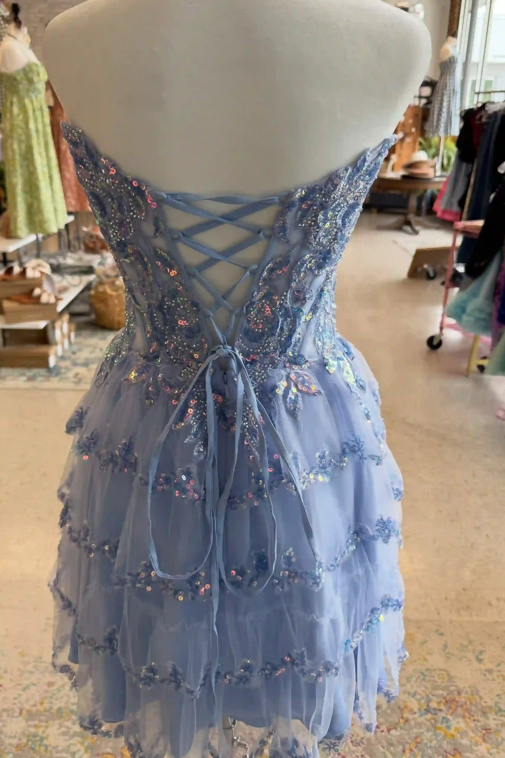 Ice Blue Strapless Lace Applique Corset Tiered Homecoming Dress