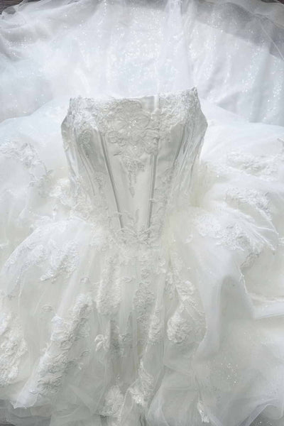 Ivory A-Line Strapless Applique Tulle Wedding Dress