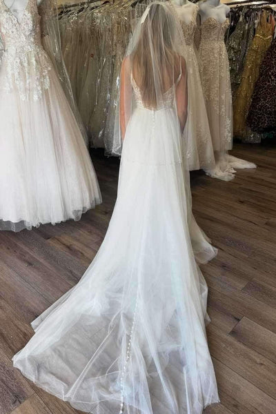  Ivory deep V neck A-line tulle wedding dress with pockets