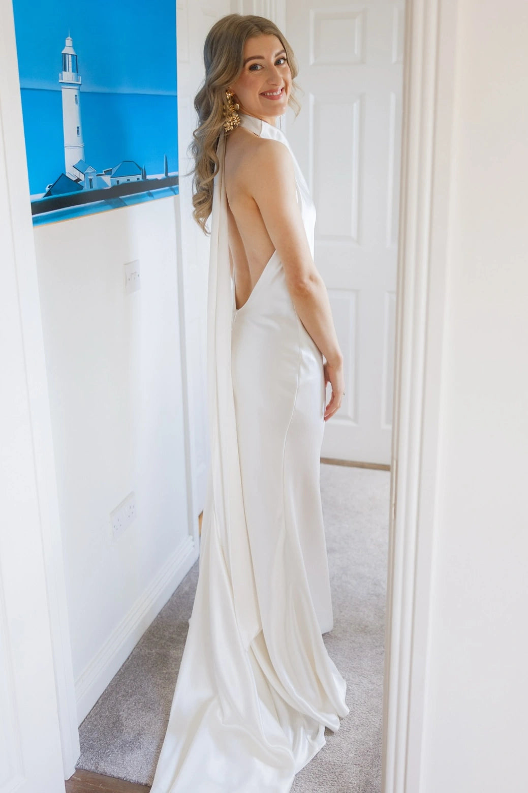 Ivory Halter Draped Satin Column Wedding Dress with Backless