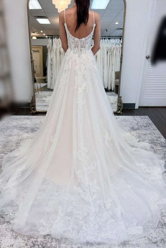 Lace Applique V Neck A Line Tulle Wedding Dress