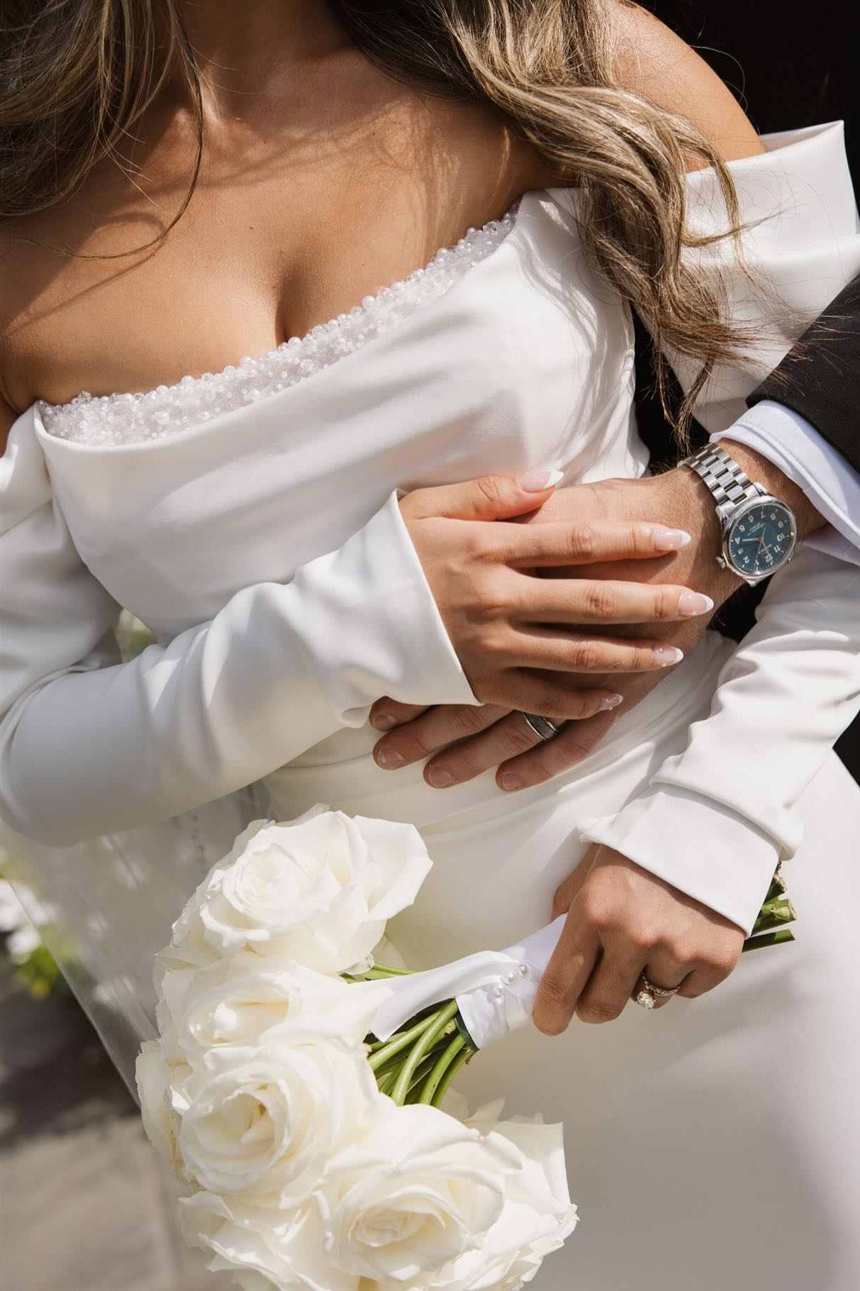 White Off Shoulder Mermaid Long Sleeve Satin Wedding Dress