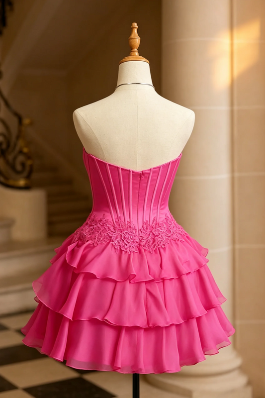 A hot pink strapless corset homecoming dress displayed on a cream mannequin torso, set against a softly blurred background of a staircase and warm-toned pillars.