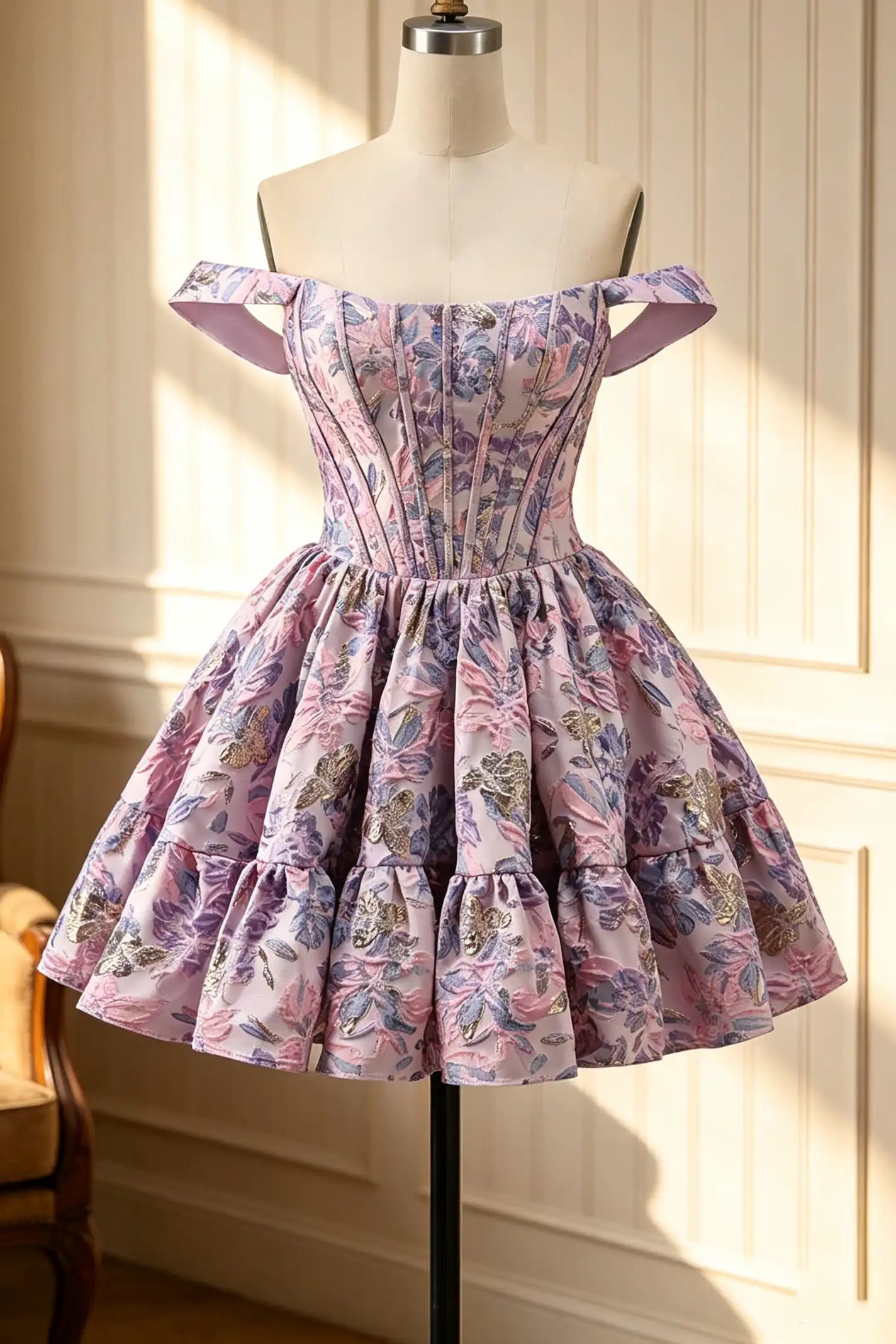 A short off-the-shoulder dress with a floral print in shades of pink, purple, and green, displayed on a mannequin in an indoor setting with warm sunlight and panelled walls.