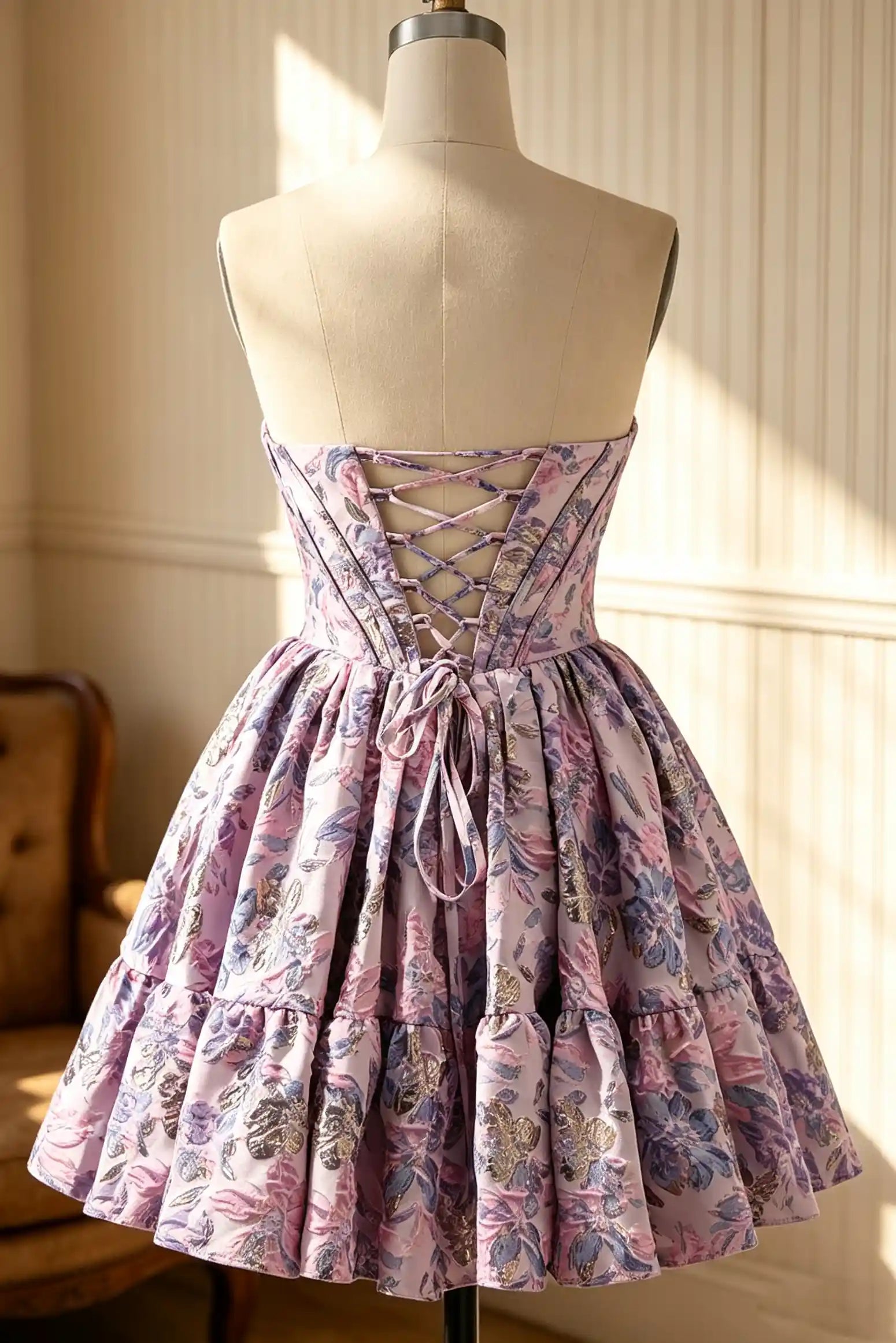 Lavender Floral Jacquard Off Shoulder Corset Homecoming Dress