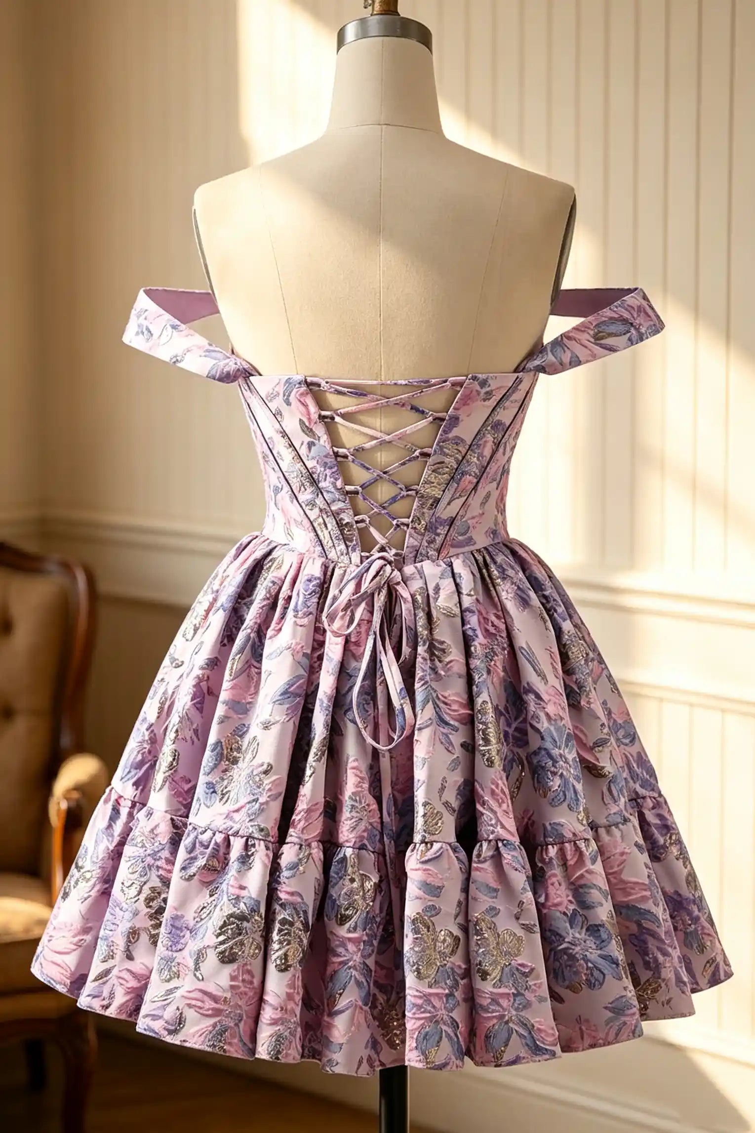 Lavender Floral Jacquard Off Shoulder Corset Homecoming Dress