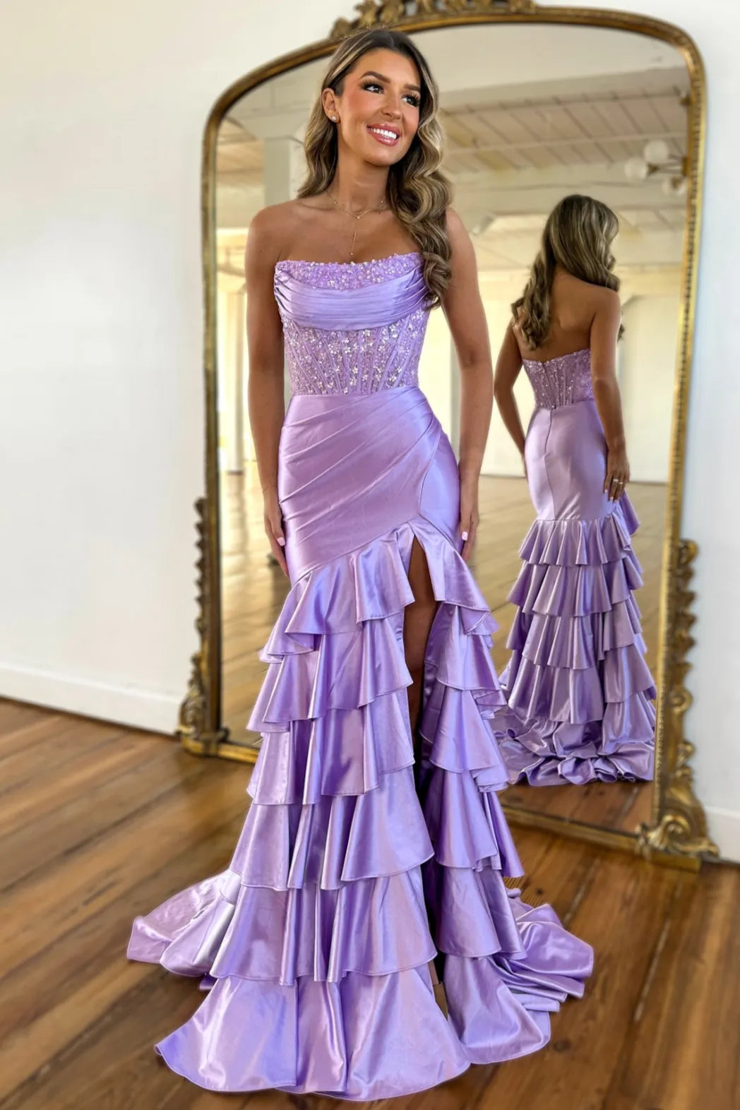 Lavender sequins mermaid strapless tiered ruffle prom dress