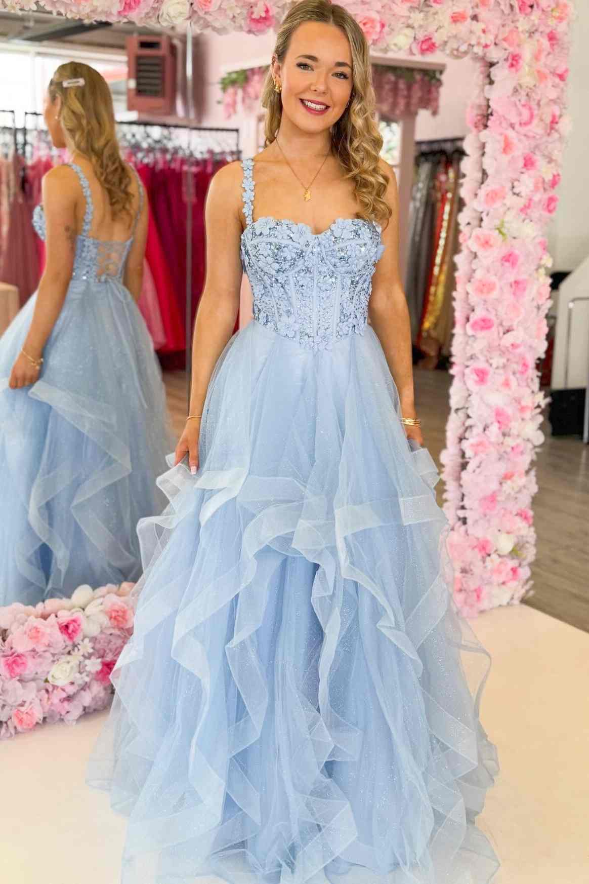 Light blue A-line beaded lace corset prom dress