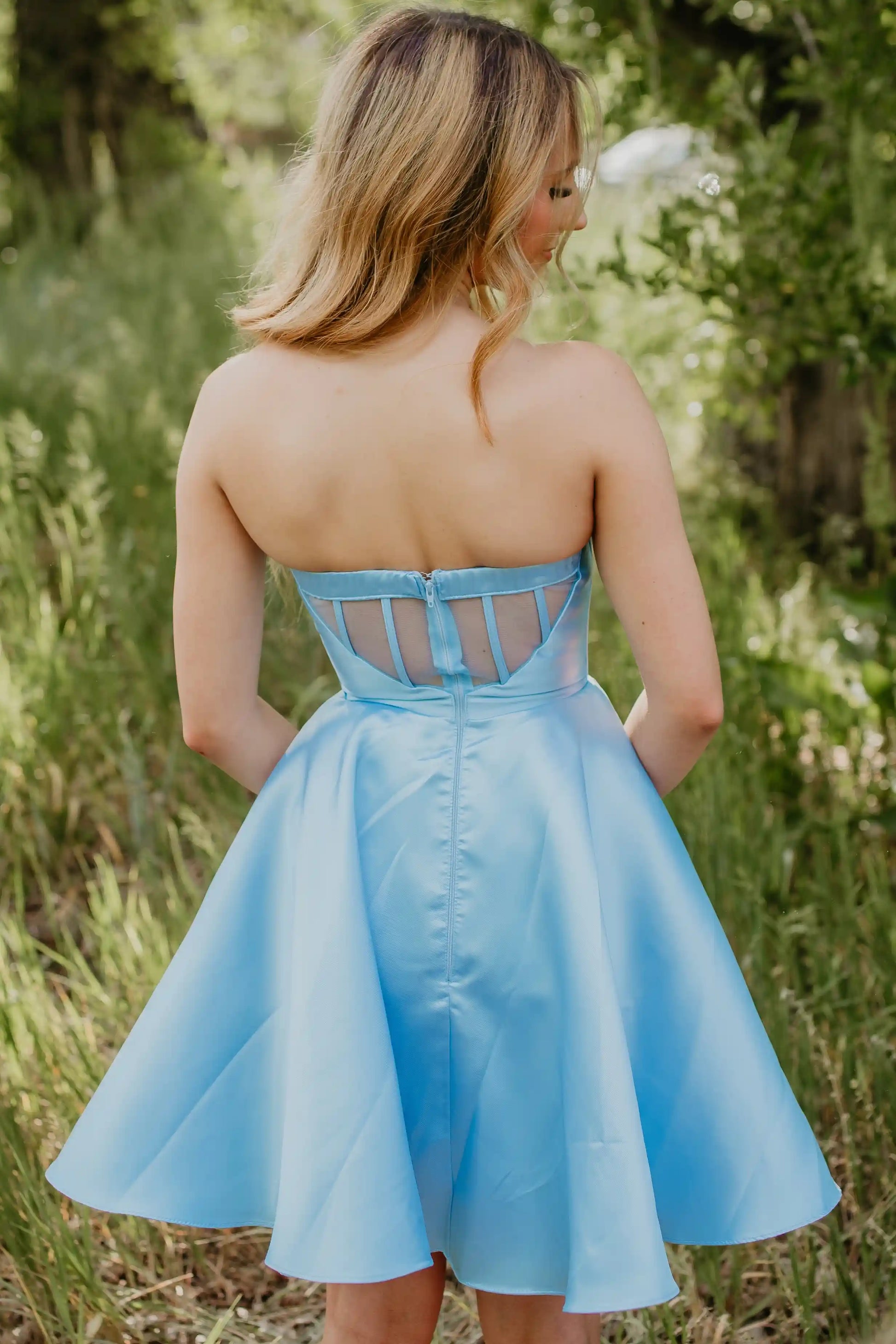 Light Blue Strapless A-Line Homecoming Dress with Pockets