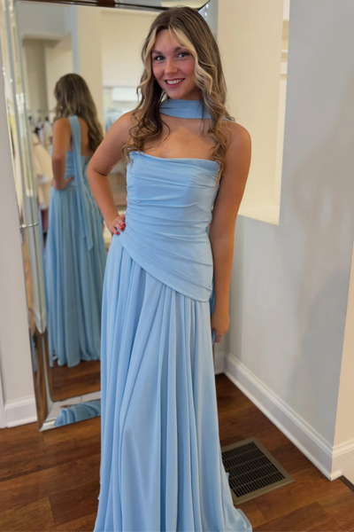 Blue strapless pleated A-line prom dress with detachable neck tie