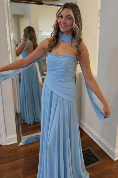 Blue strapless pleated A-line prom dress with detachable neck tie