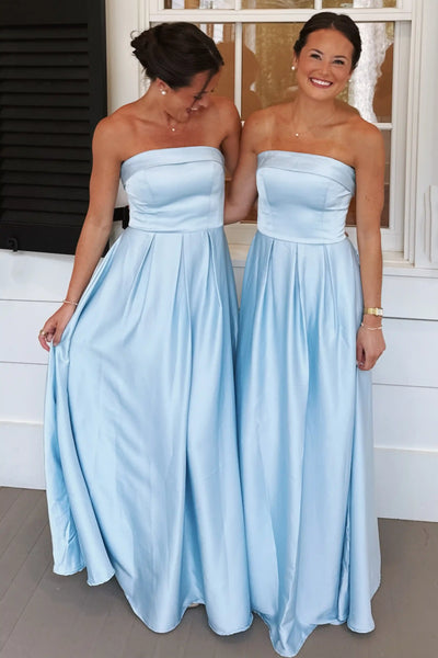 Light blue strapless satin bridesmaid dress with ruched bodice