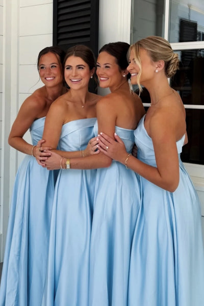 Light blue strapless satin bridesmaid dress with ruched bodice