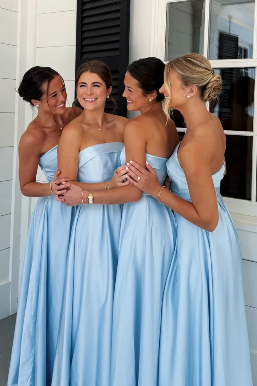 Light Blue Strapless Satin Bridesmaid Dress with Ruched Bodice
