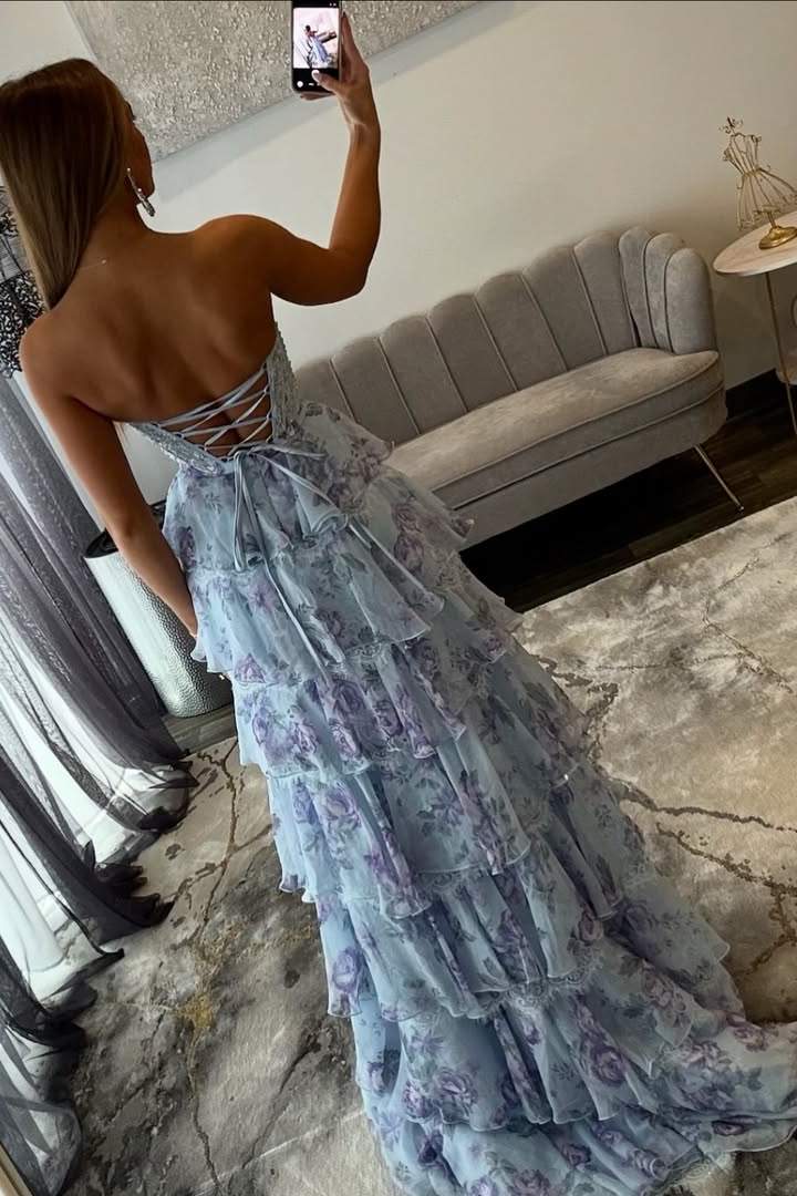 Light Blue Sweetheart Tiered Prom Dress with Waist Bow