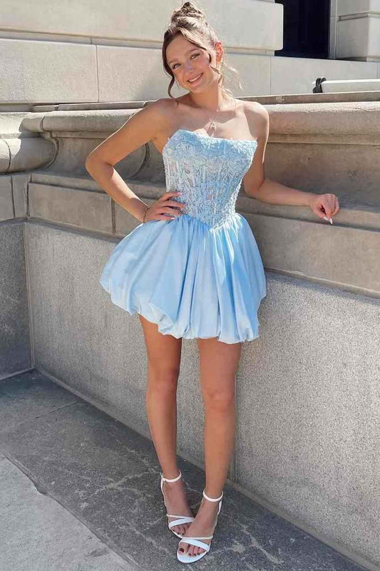 Light blue applique strapless corset homecoming dress