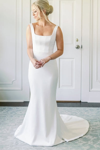 Minimalist Square Neck Satin Mermaid Wedding Gown
