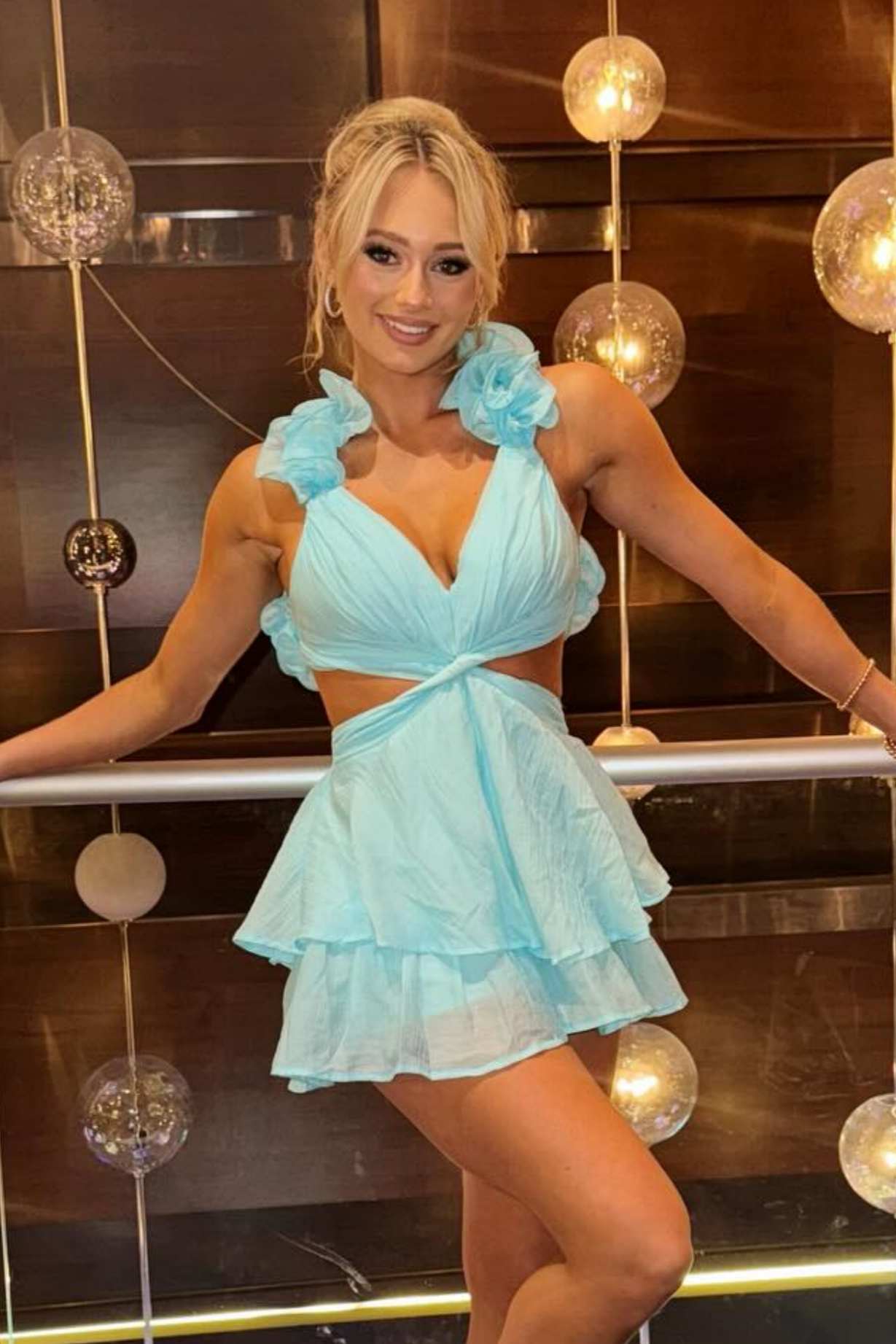 Mint green V neck 3D rosette cutout waist homecoming dress