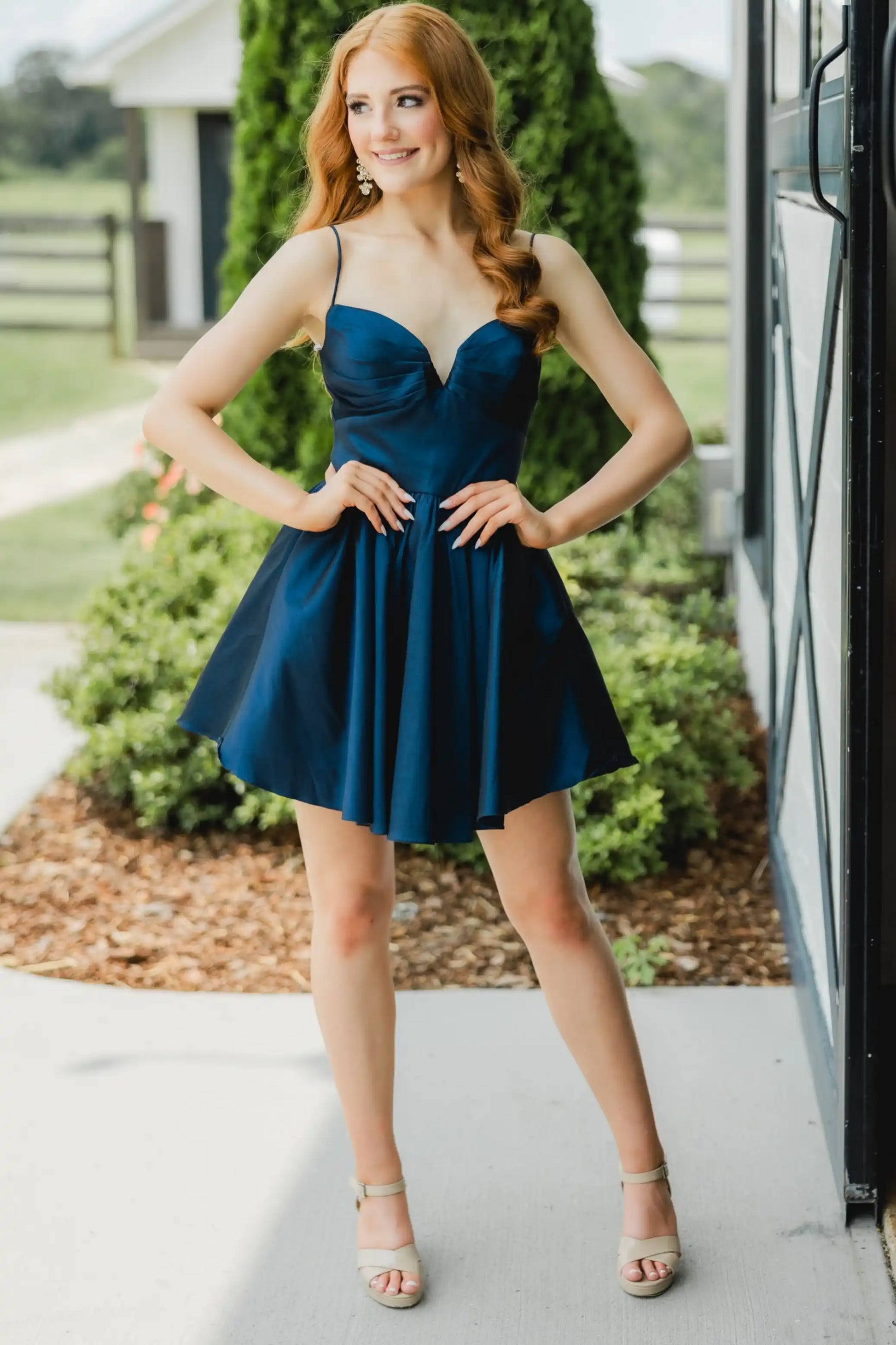 Navy Blue Spaghetti Strap Satin A-Line Homecoming Dress