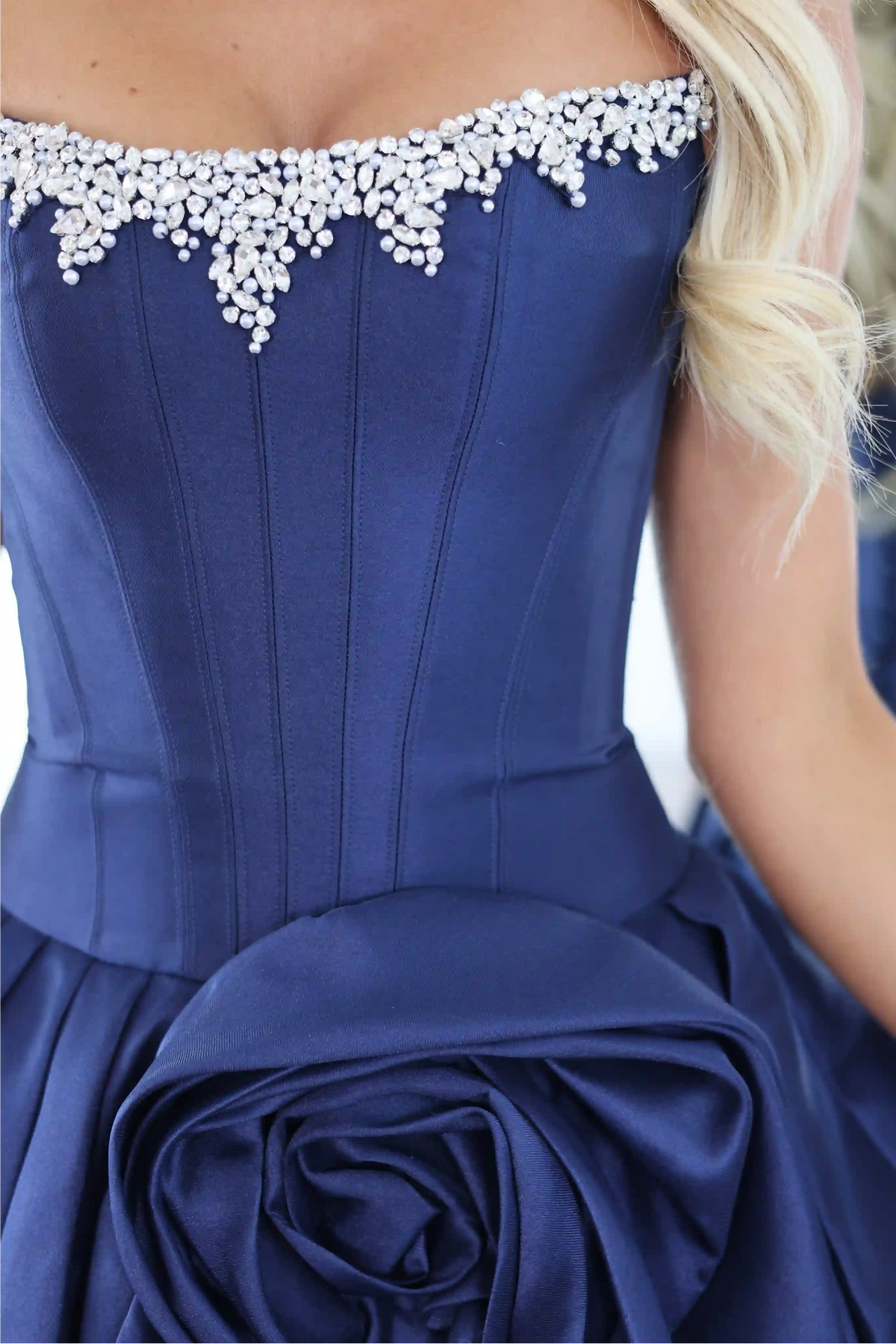 Navy Satin Strapless Bubble Hem Homecoming Dress with Rhinestone