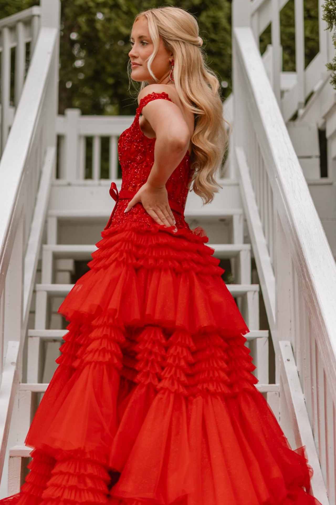 Off-the-Shoulder Beaded Ruffled Tulle Red Prom Dress