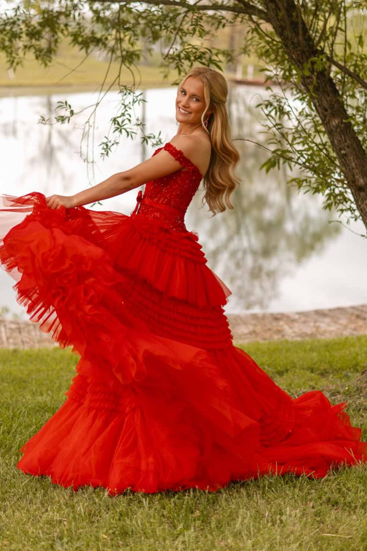 Off-the-Shoulder Beaded Ruffled Tulle Red Prom Dress