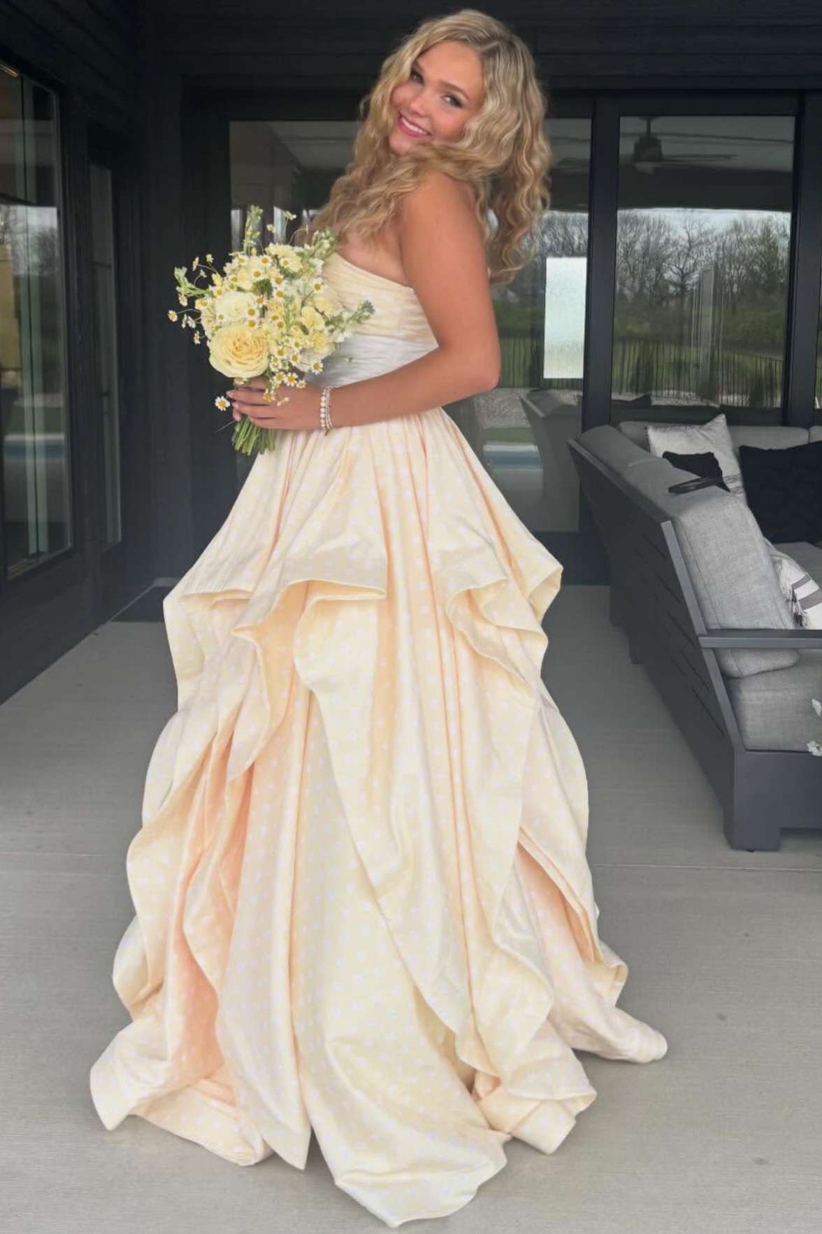 Off-white Polka Dot 3D Flower Ruffled Tiered Long Formal Dress