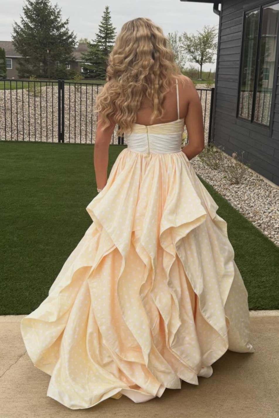 Off-white Polka Dot 3D Flower Ruffled Tiered Long Formal Dress