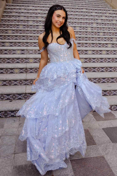 Gold off shoulder A-line tiered sequins prom dress