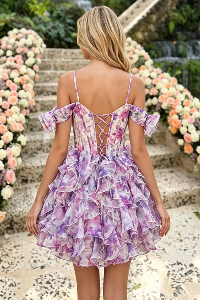 Off shoulder floral print ruffle tiered homecoming dress