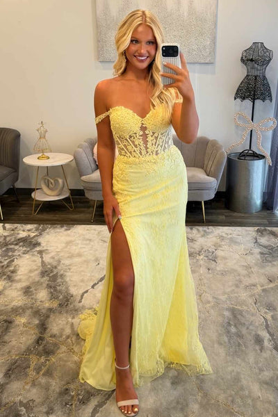 Off shoulder mermaid yellow lace prom dress with slit