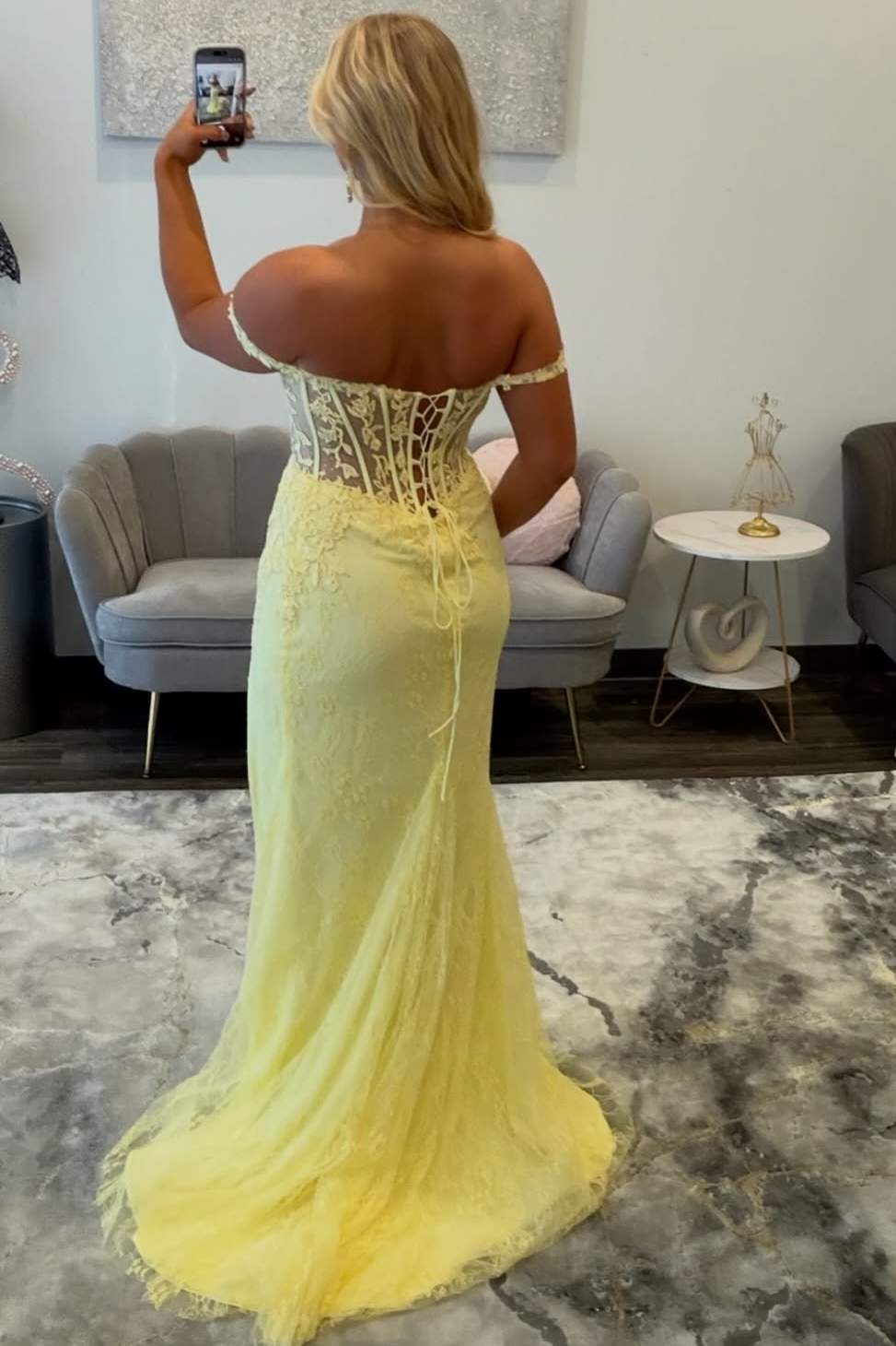 Off Shoulder Mermaid Yellow Lace Prom Dress with Slit