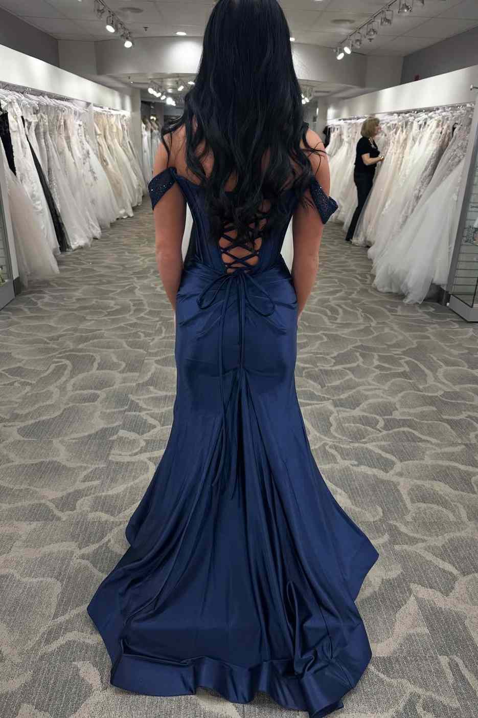 Off Shoulder Navy Corset Mermaid Evening Gown With Beaded Neckline