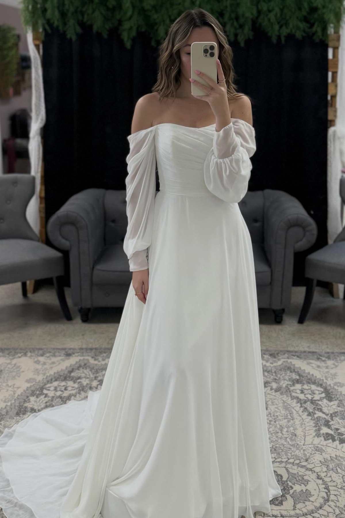 Off Shoulder Puff Long Sleeve A-Line Sweep Train Wedding Dress
