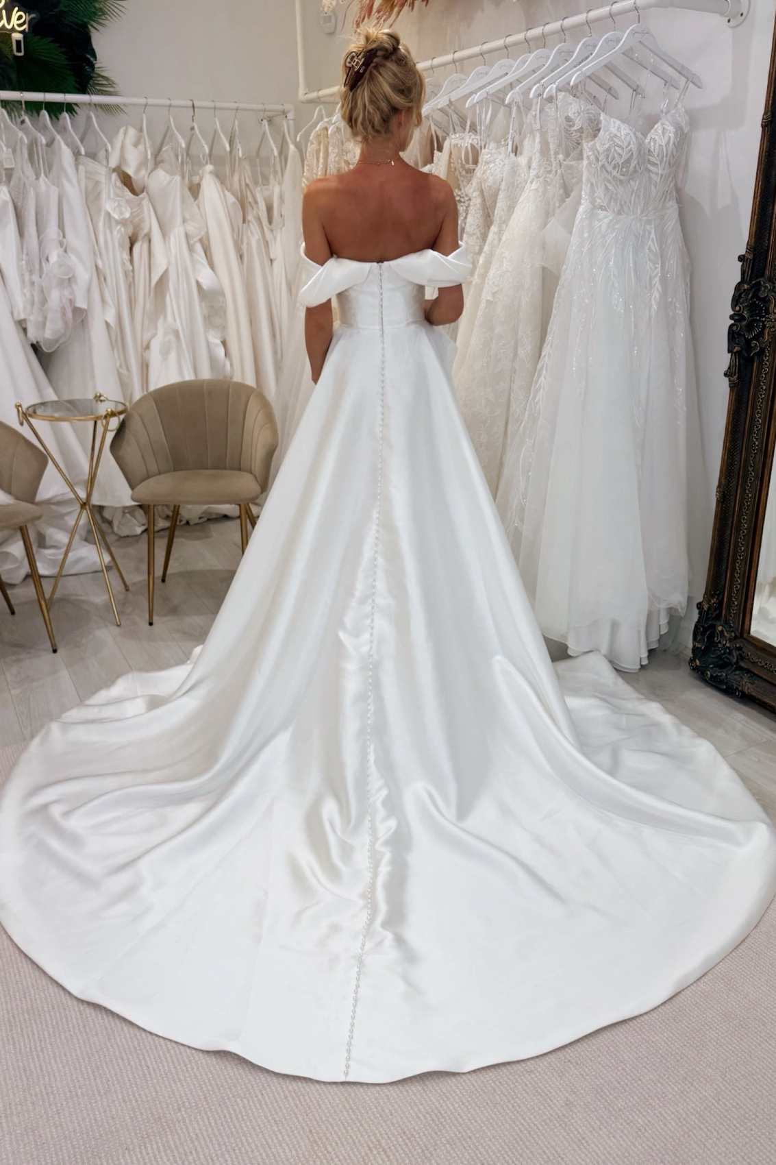 Off the Shoulder Bow Satin A-Line Wedding Long Dress