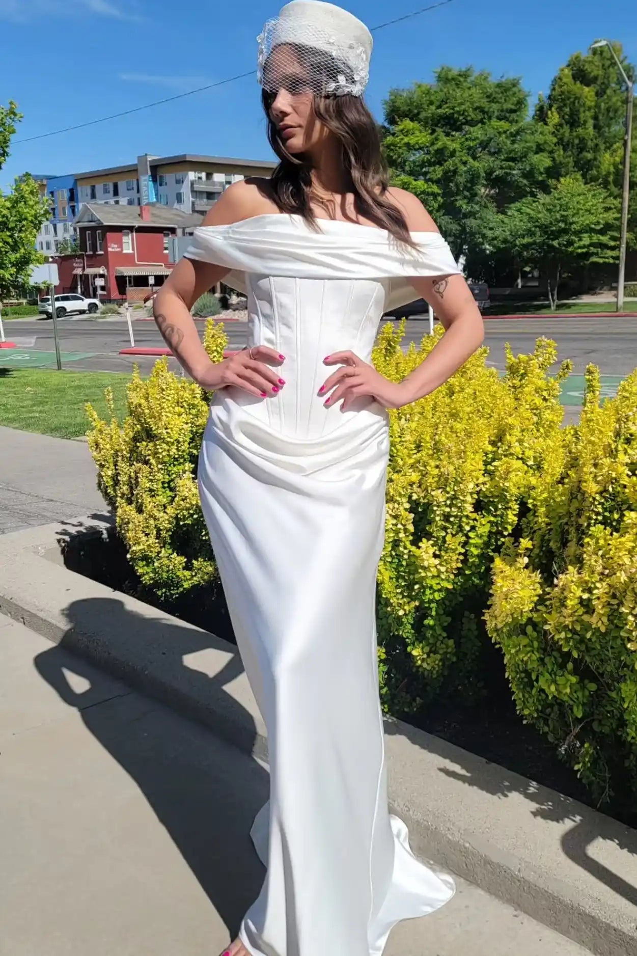  Bride wearing off the shoulder draped corset satin mermaid long wedding dress