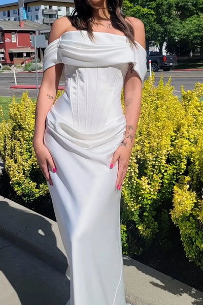  Bride wearing off the shoulder draped corset satin mermaid long wedding dress