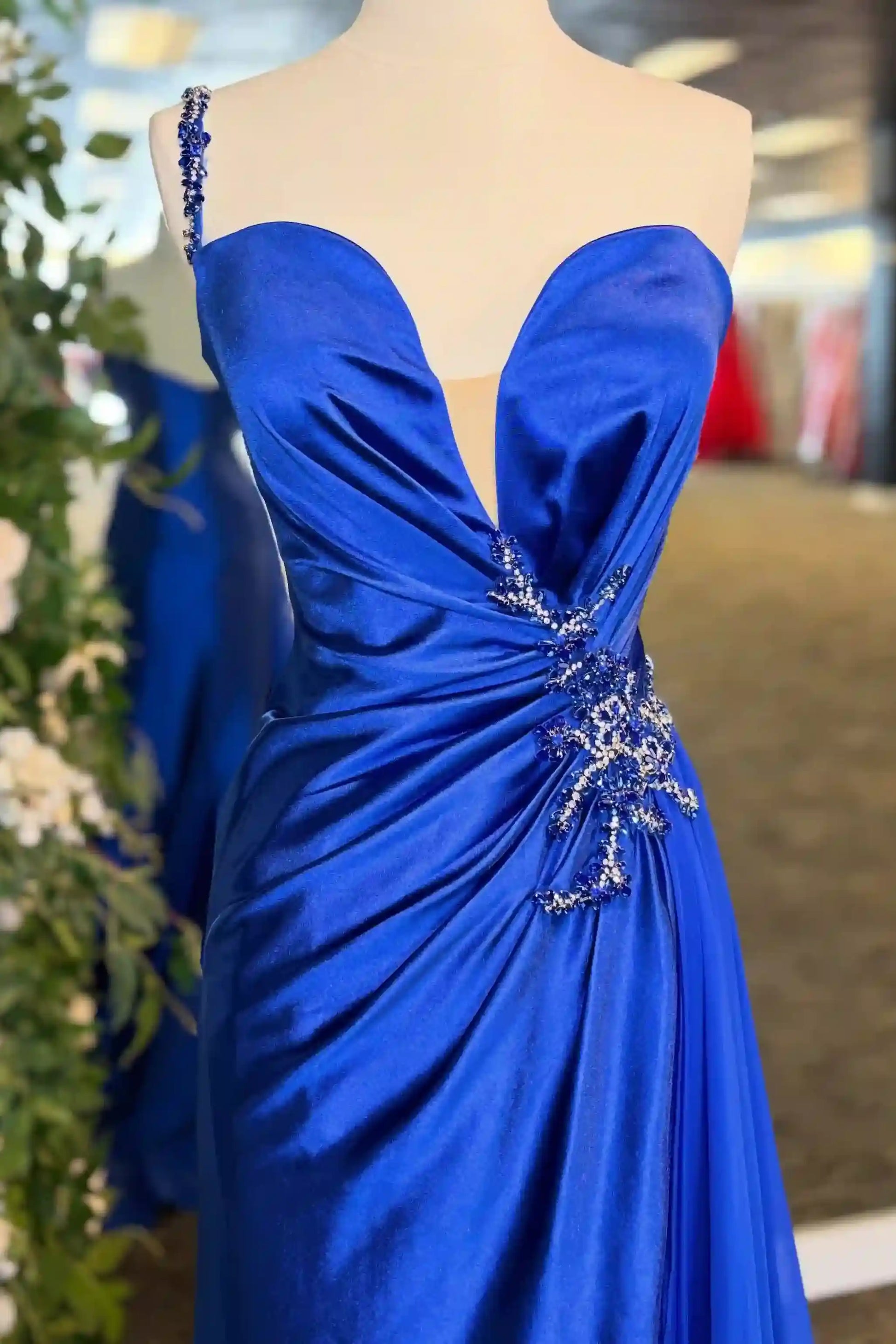 One Shoulder Royal Blue Rhinestone Ruched Mermaid Evening Dress