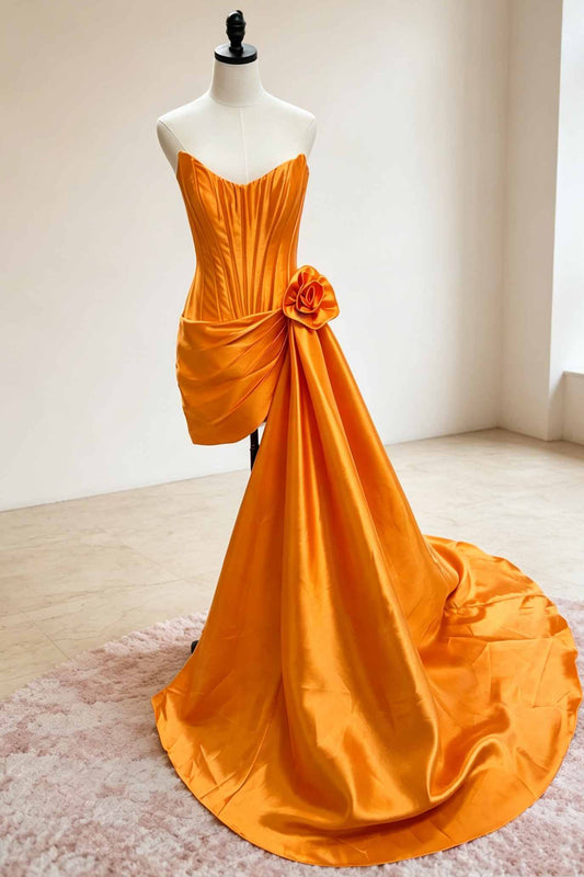 Orange Sweetheart Corset Evening Dress With Long Train Front Full