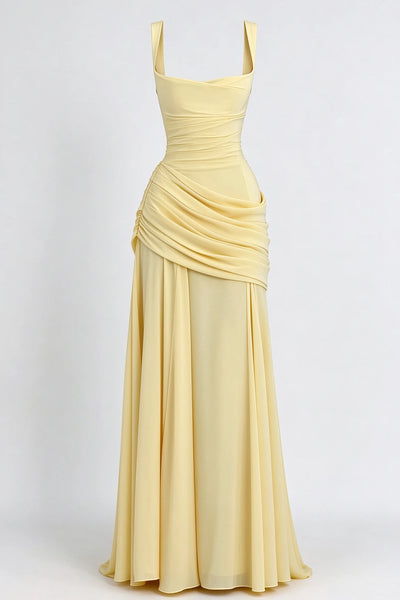 Pale yellow square neck draped chiffon maxi dress