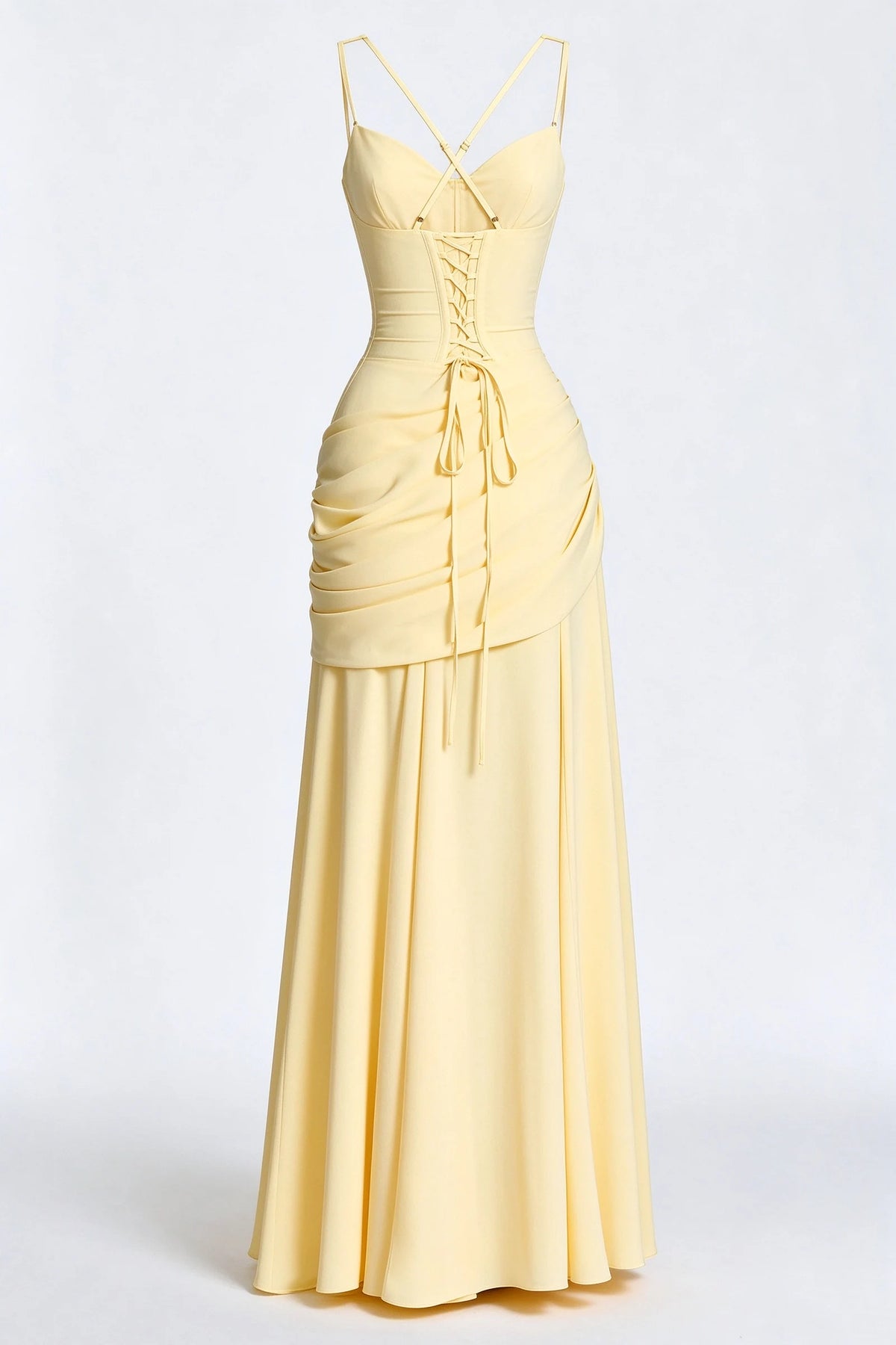 Pale Yellow Square Neck Draped Chiffon Maxi Dress