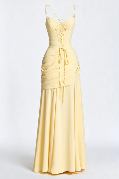 Pale yellow square neck draped chiffon maxi dress